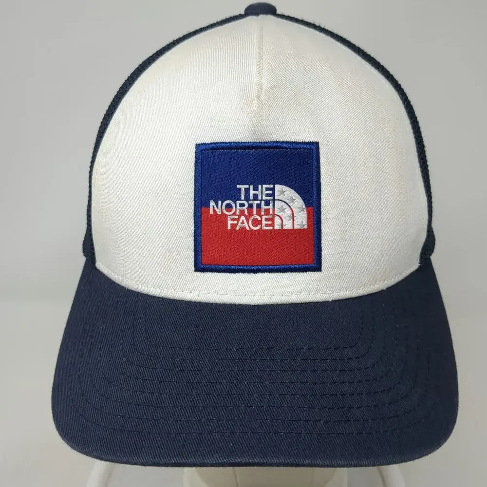 The North Face Trucker Hat Blue One Size White Red Mesh Back Snapback Logo Patch